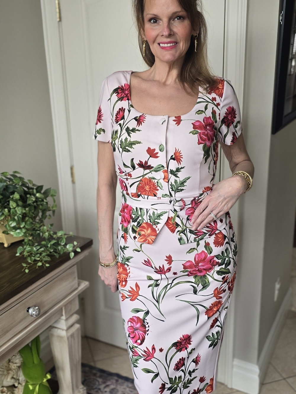 Alexia Admor floral midi sheath dress bow waist wedding guest size M blush pink